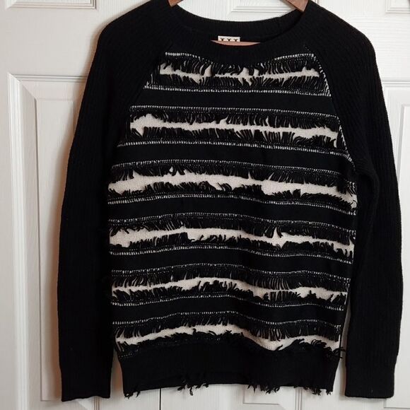 Haute Hippie Black Cream Fringe Merino Sweater XS - Picture 1 of 5